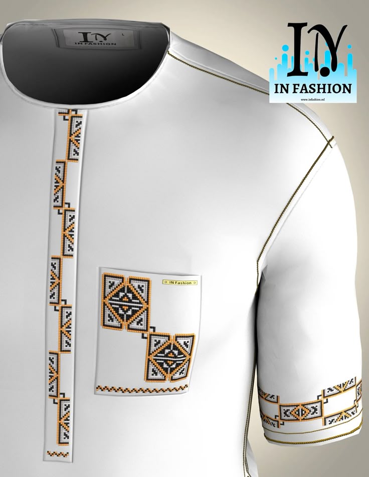 White traditional top with black, gold and grey geometric embroidery