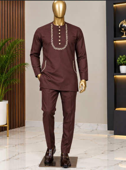 Chocolate-brown long-sleeved kaftan and trousers with detailed gold embroidery