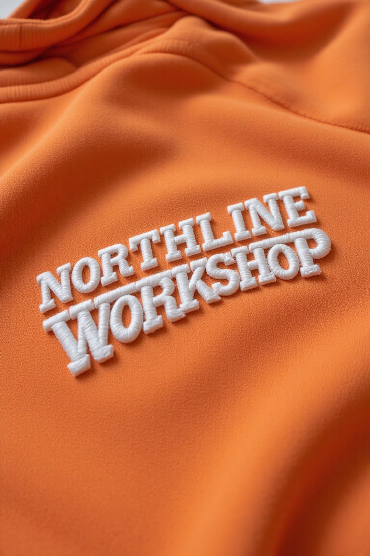 White raised lettering embroidered onto orange fabric