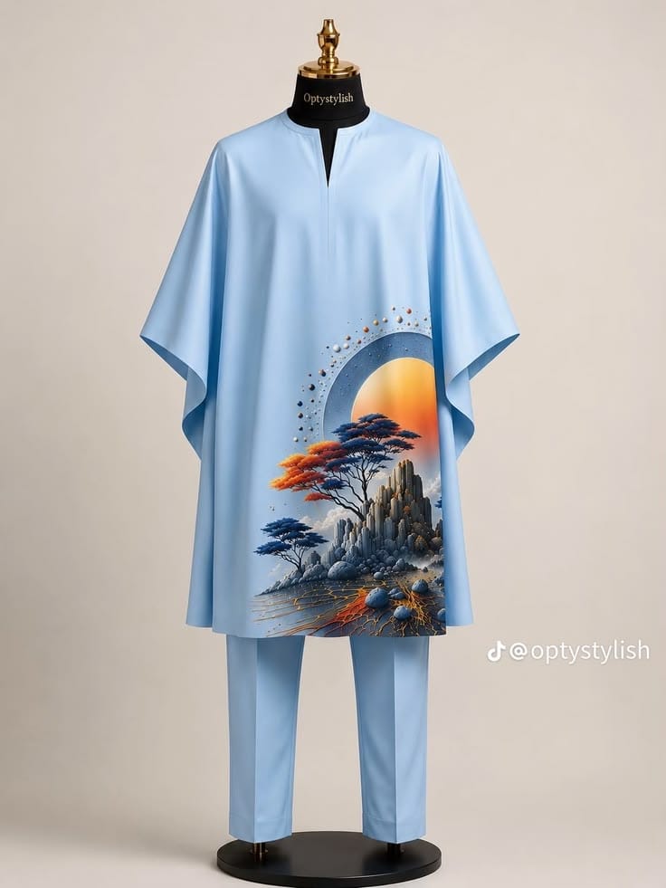 Light blue kaftan and trouser set with an illustrated front panel
