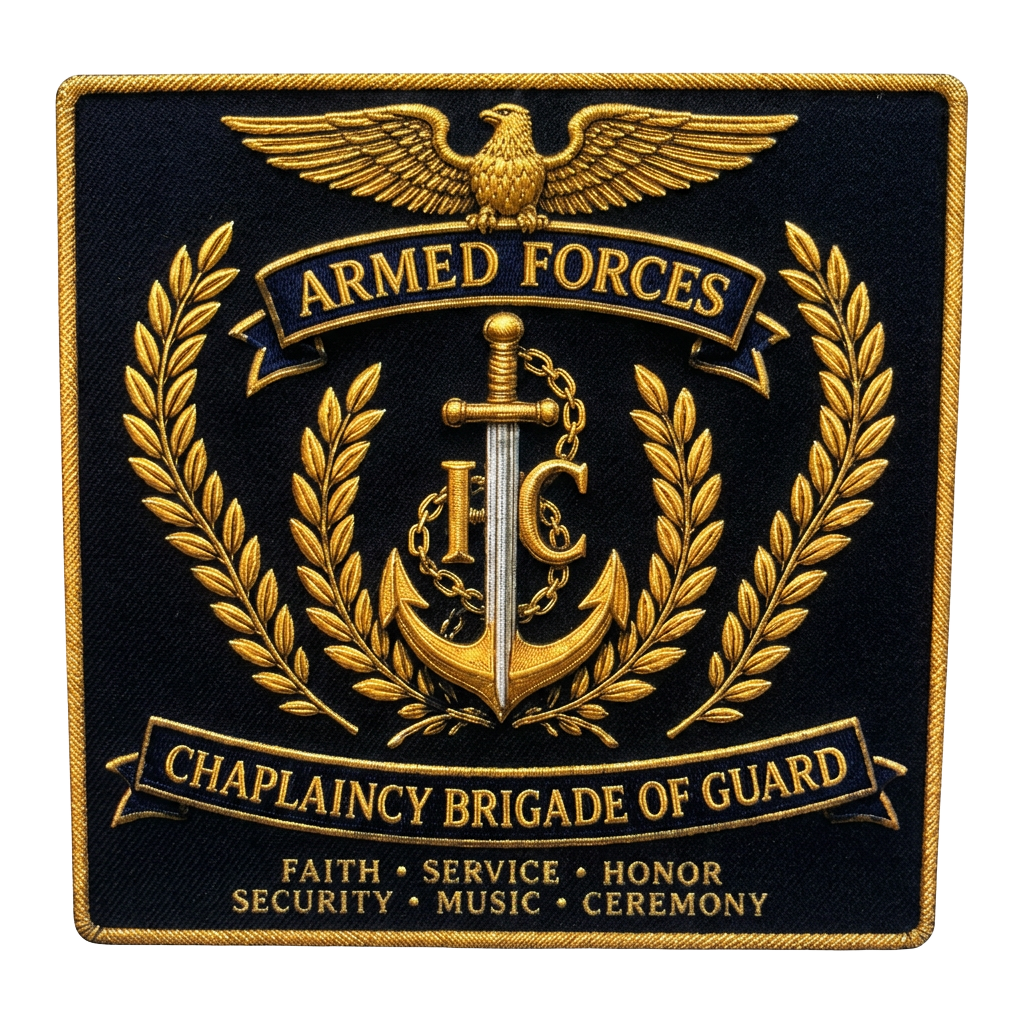 Detailed gold Armed Forces insignia embroidered on black fabric