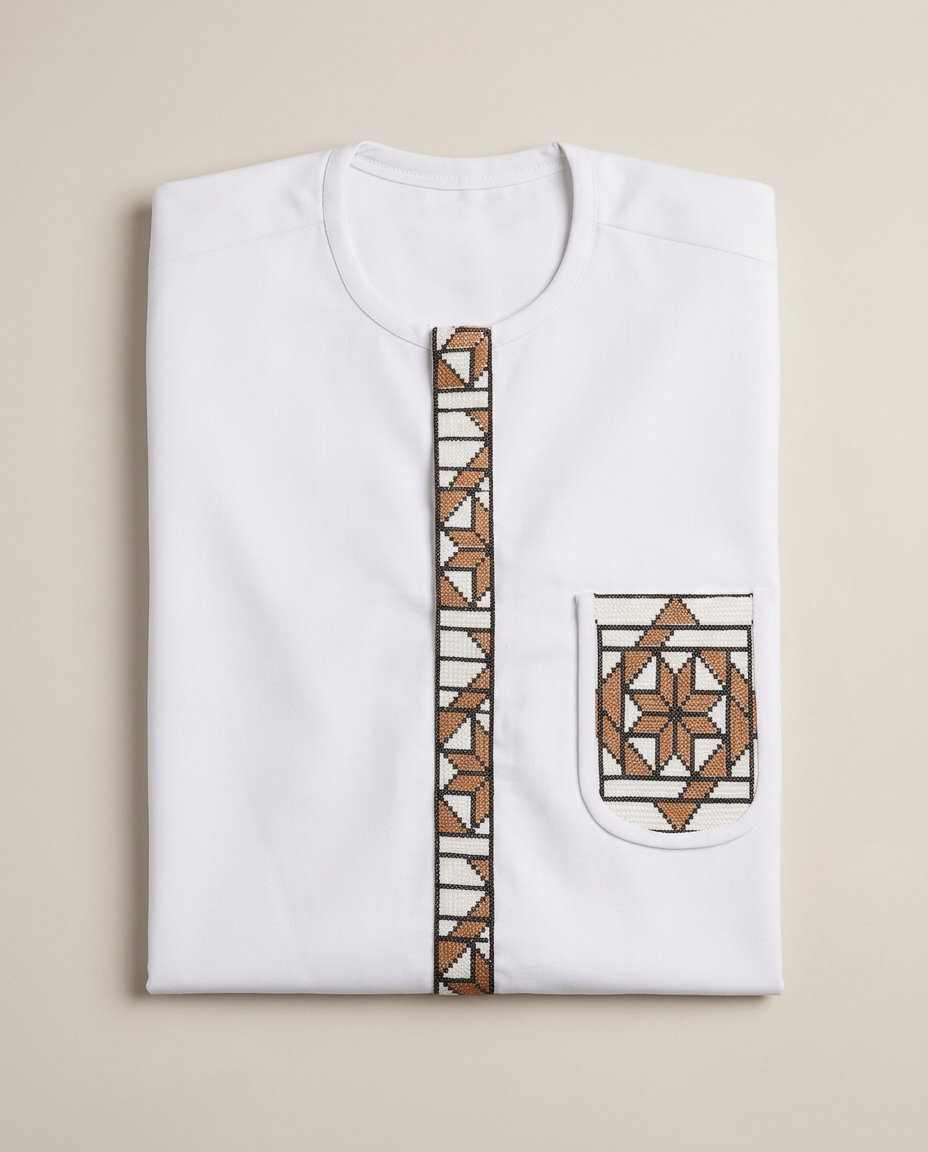 Folded white traditional top with brown and black geometric embroidery