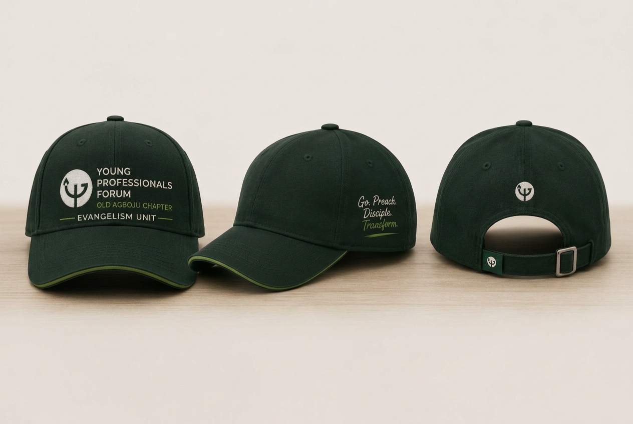 Front, side and back views of a dark green embroidered cap