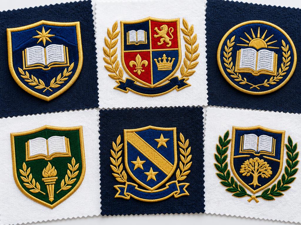 Six detailed embroidered school crest samples