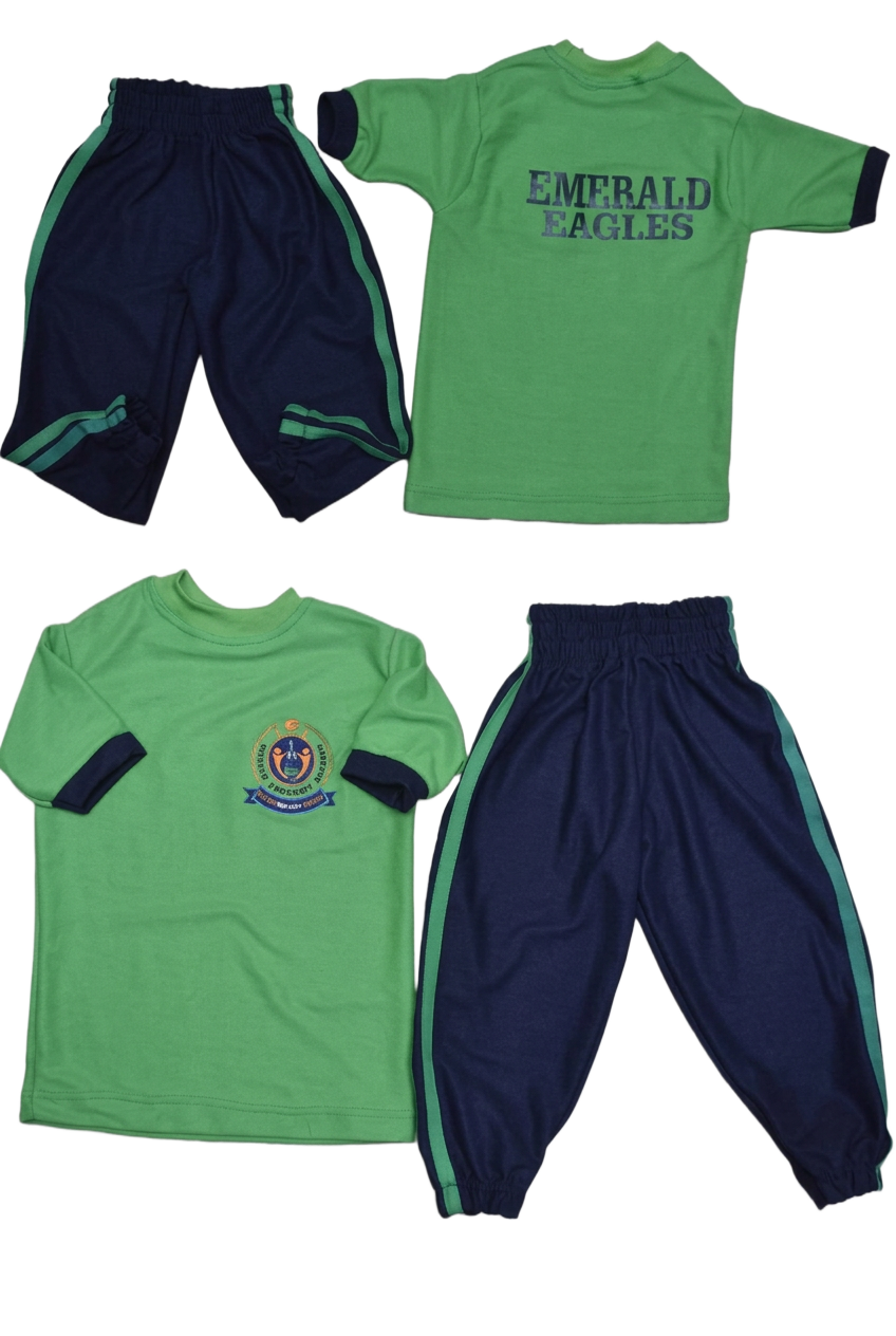 Green and navy school shirts, shorts and joggers on a clean background