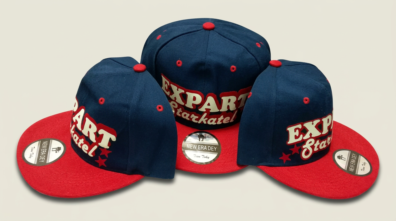 Three navy caps with red brims and embroidered lettering