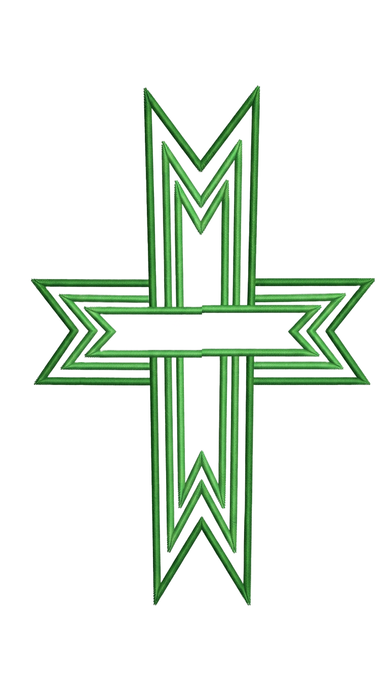 Green geometric cross embroidery design on a clean background