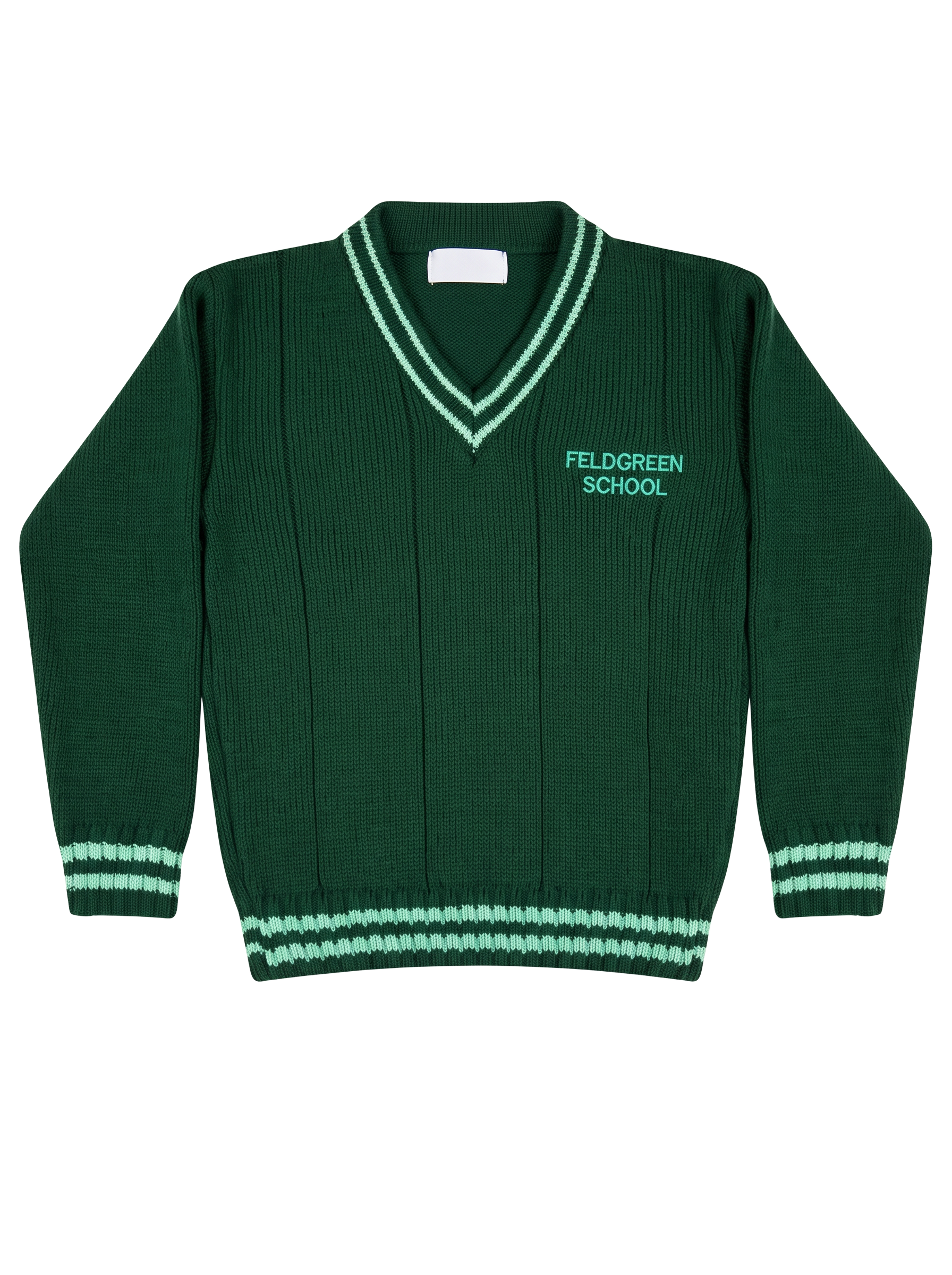 Green knitted V-neck school sweater with striped trim