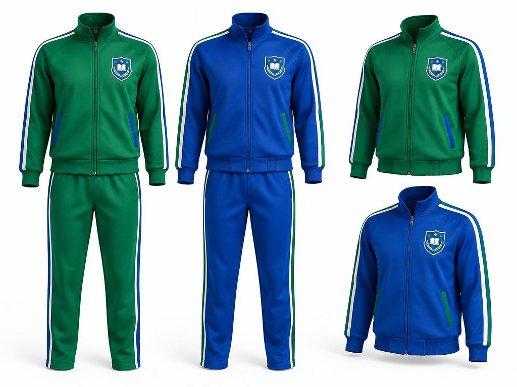 Green and royal-blue school tracksuits with embroidered crests