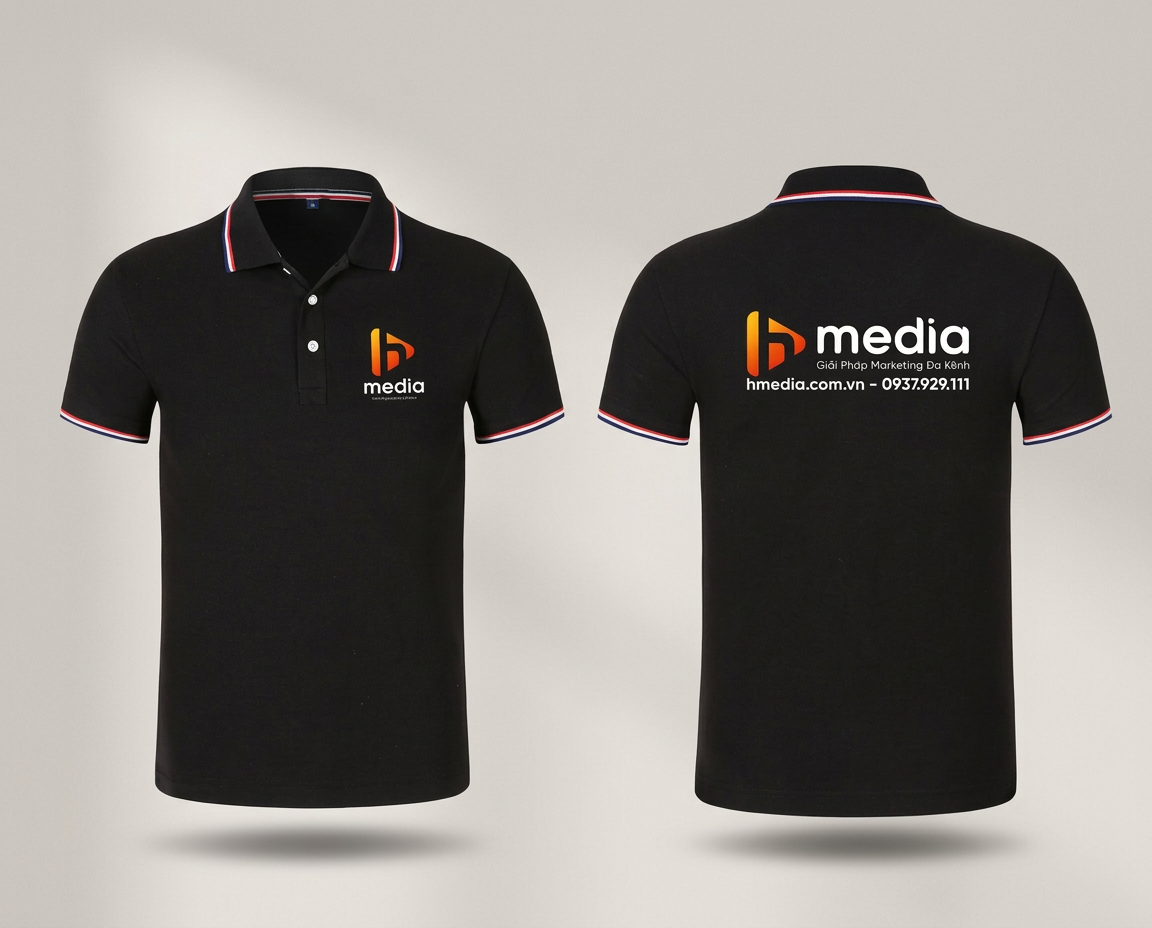 Front and back views of a black corporate polo shirt