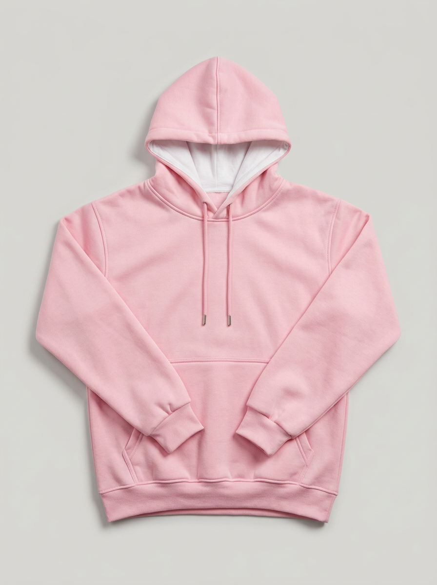 Pink pullover hoodie produced by Sejeta on a clean background