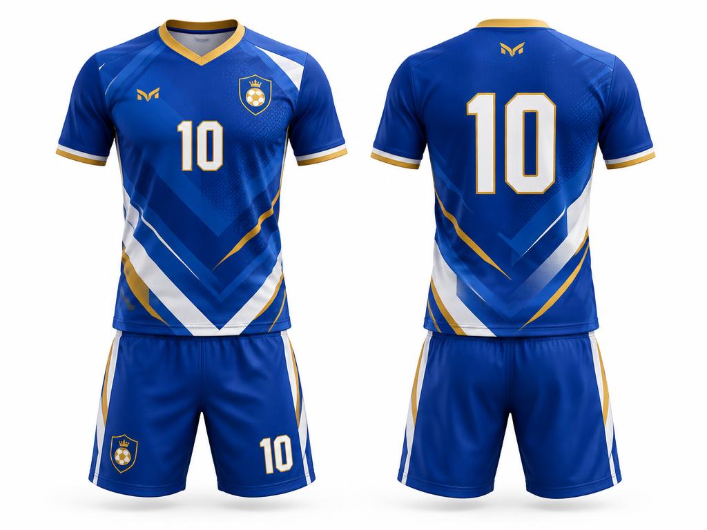 Royal-blue, white and gold football kits shown front and back
