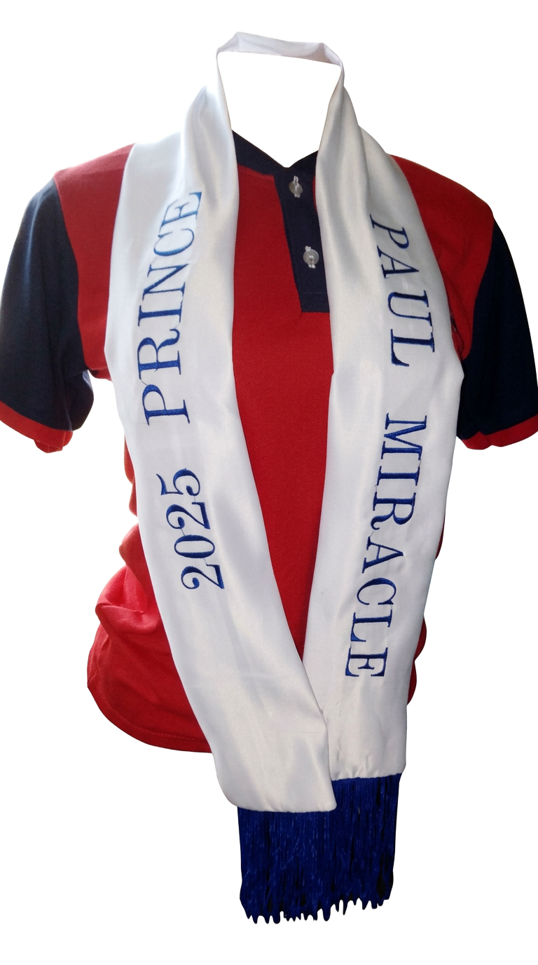 White and blue personalised graduation stole over a red and navy polo