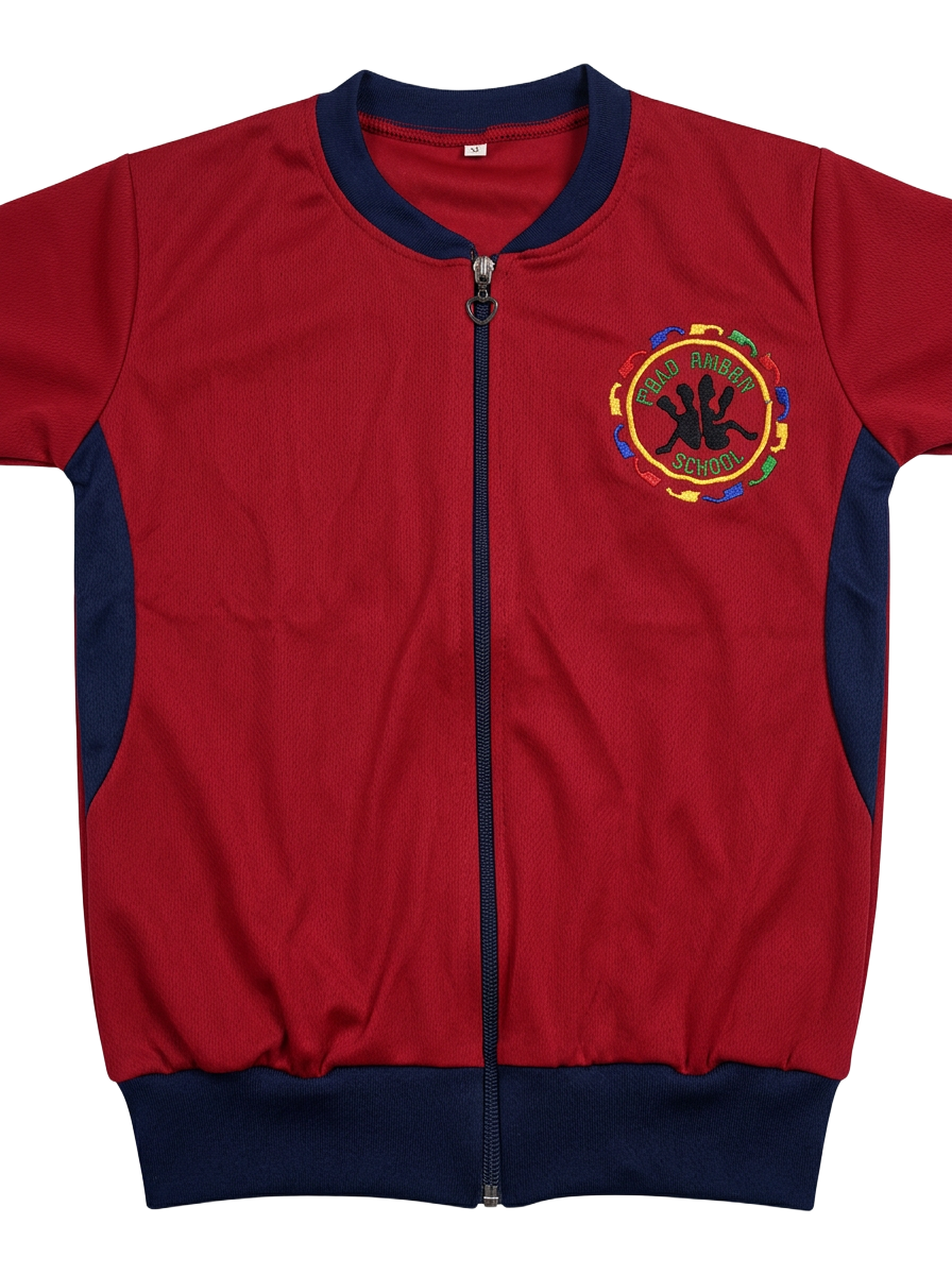 Red and navy school jacket with an embroidered crest