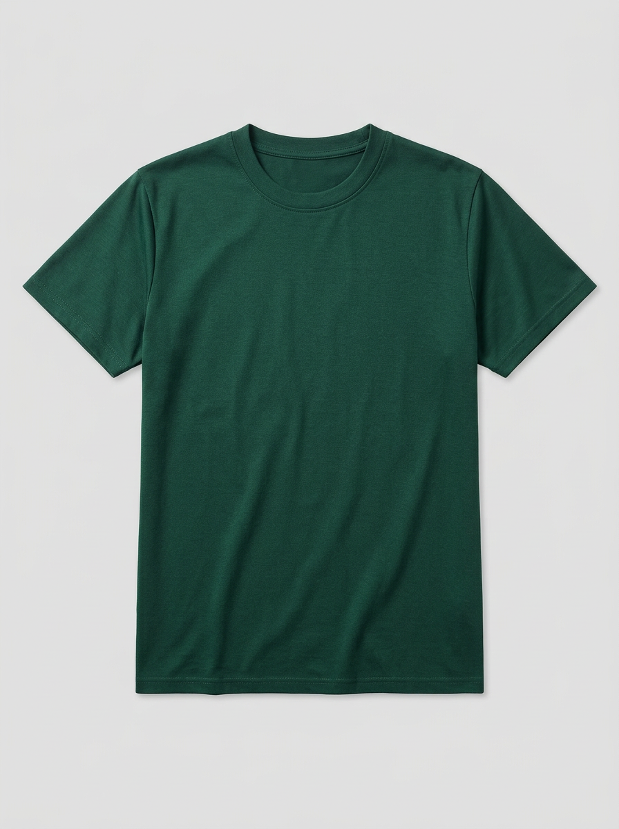 Green crew-neck shirt produced by Sejeta on a clean background