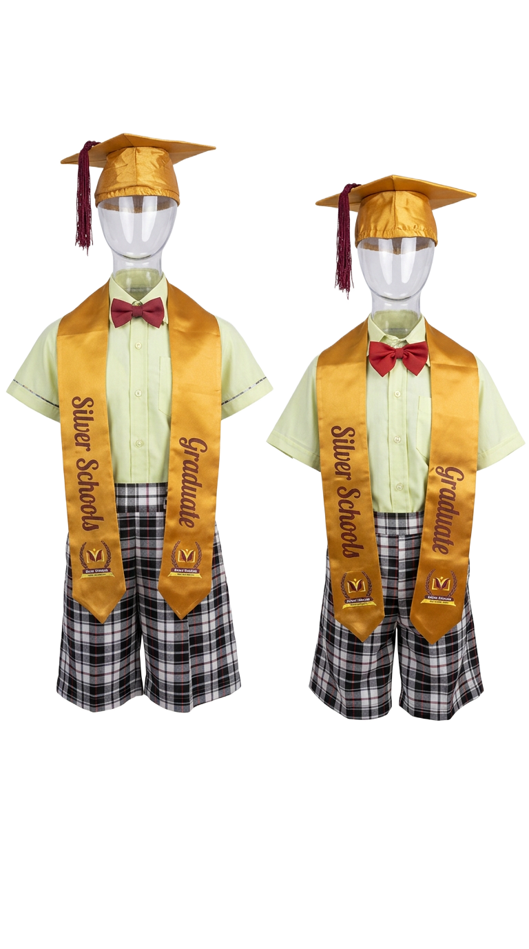 Two school graduation outfits with gold caps and stoles