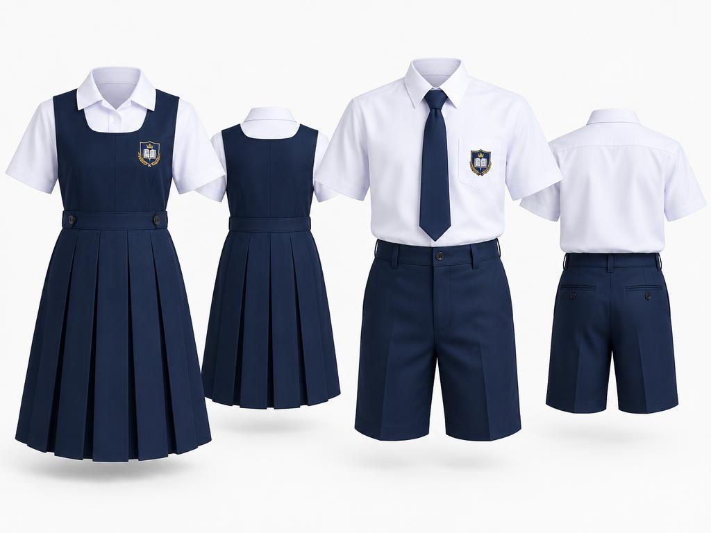 Navy pinafores, white school shirts and navy shorts