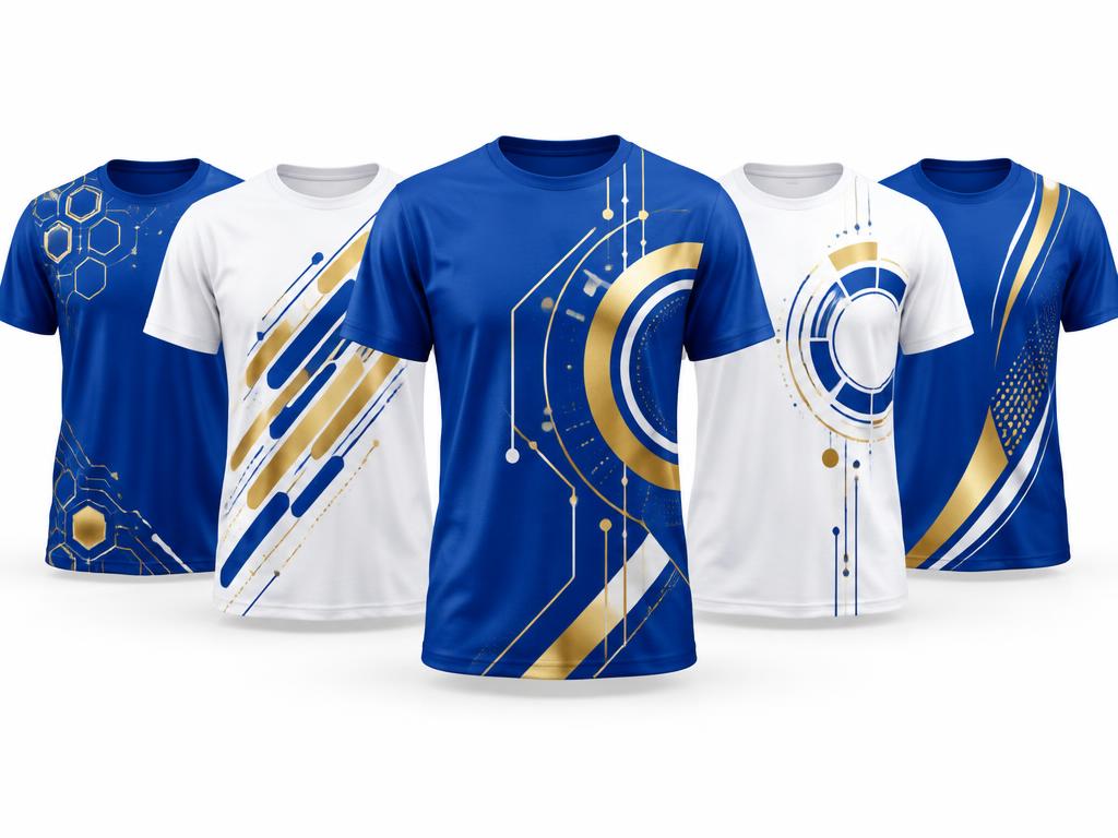 Blue, white and gold event T-shirts with technology-inspired prints