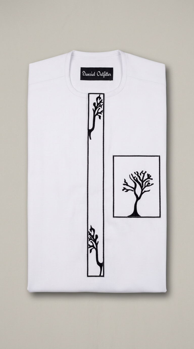 Folded white traditional top with black tree motif embroidery