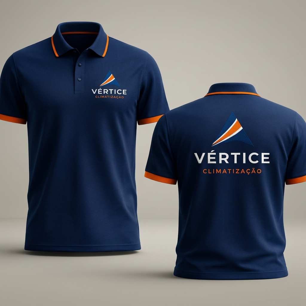 Front and back views of a navy and orange branded polo shirt