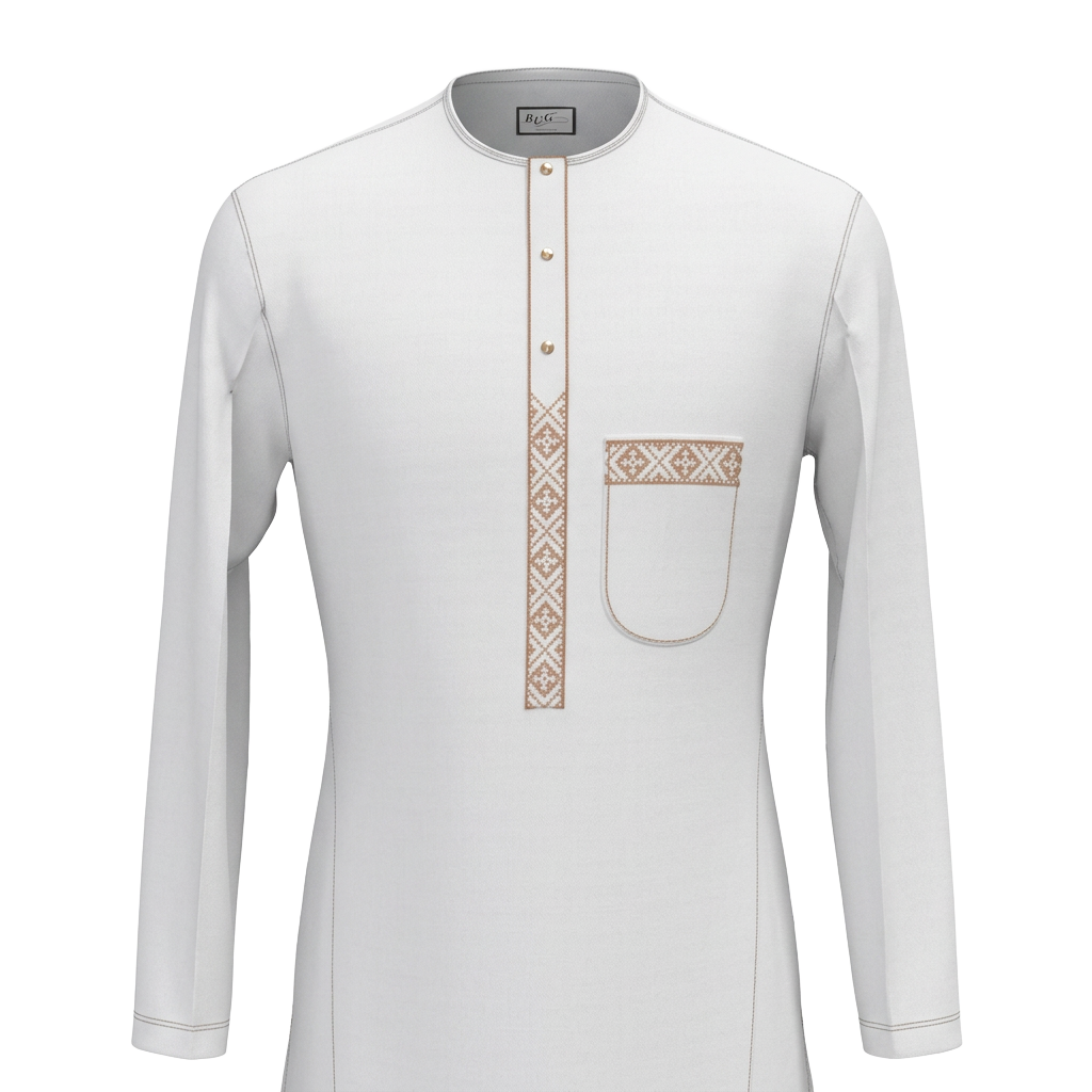 White long-sleeved traditional top with tan geometric embroidery
