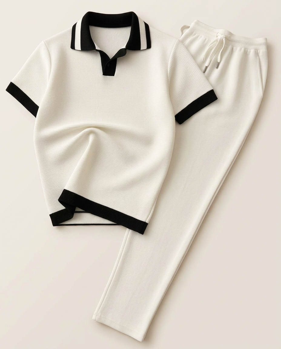 White polo shirt and matching trousers with black trim on a clean background
