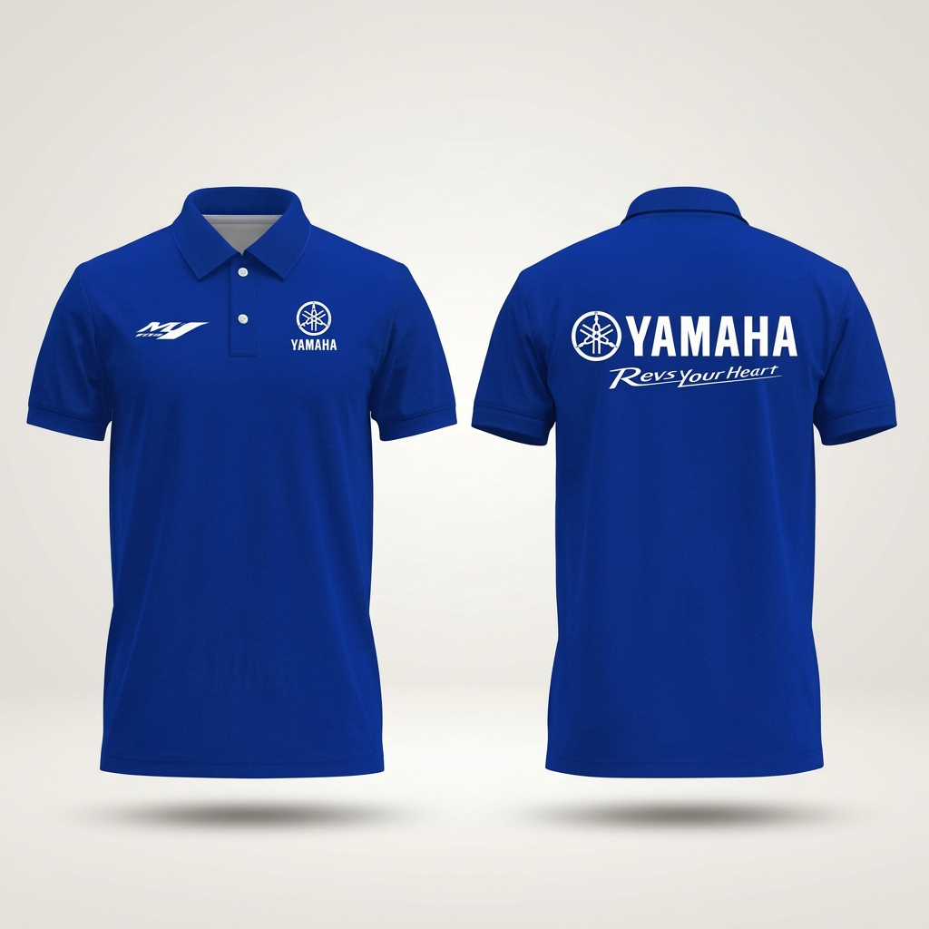 Front and back views of a royal-blue branded polo shirt